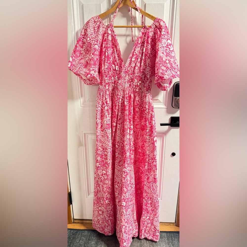 J.Crew Collection Puff Sleeve Maxi Dress Pink Floral Smocked Waist Halter Size S